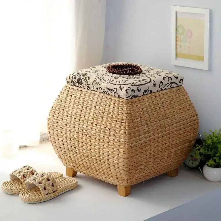 Beige woven rattan 3-in-1 storage stool with patterned fabric lid and wooden legs for bedroom footrest use