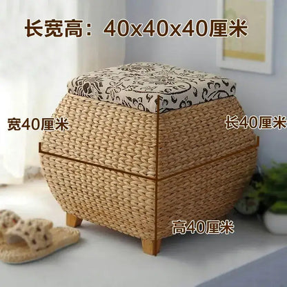 Beige woven rattan 3-in-1 storage stool with patterned fabric lid and wooden legs for bedroom footrest and storage