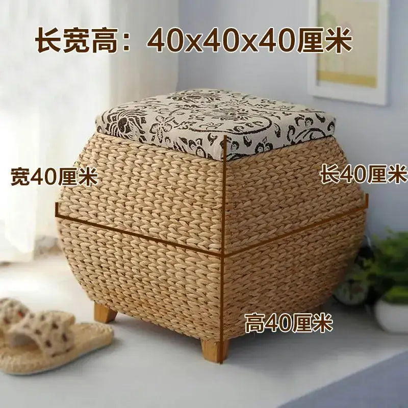 Beige woven rattan 3-in-1 storage stool with patterned fabric lid and wooden legs for bedroom footrest and storage