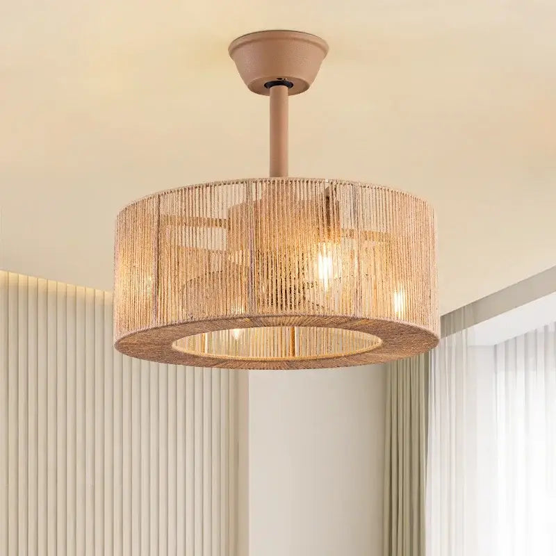 Boho beige woven rattan ceiling fan light with cylindrical design and visible bulb for living room use