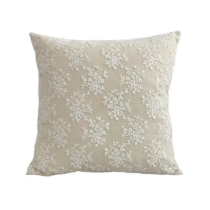 Beige square linen cotton pillow cover with intricate white lace floral embroidery for living room decor