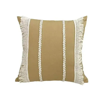 Beige square pillow cover with cream-colored braided and fringed trim made of linen cotton for living room decor