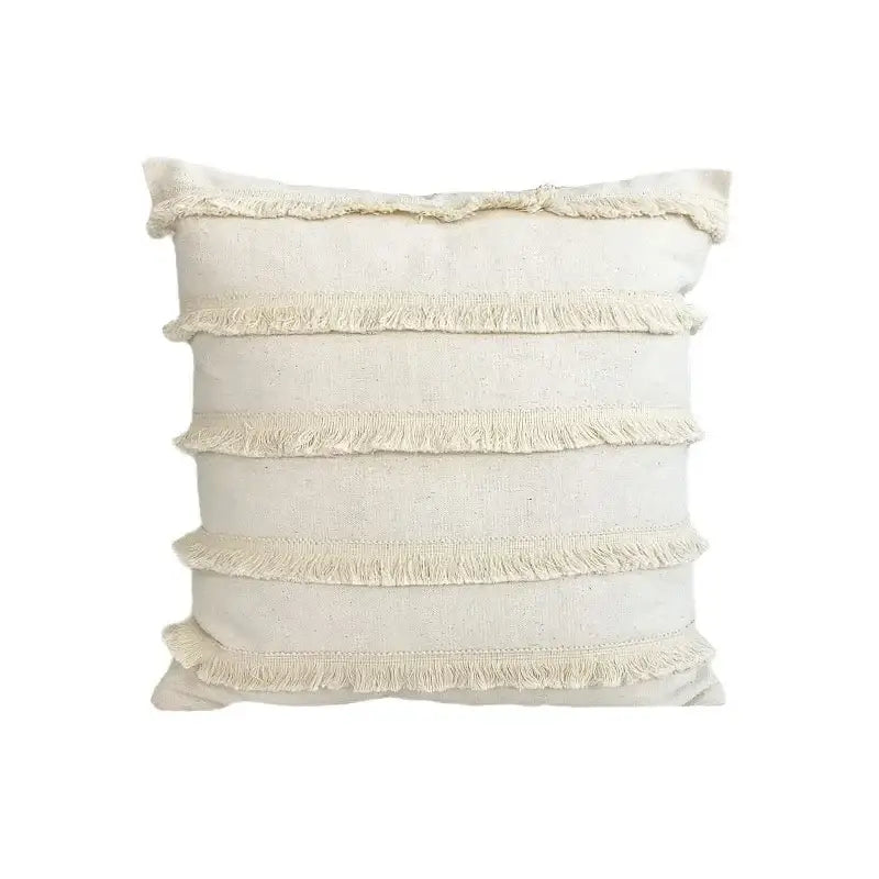 Cream-colored boho pillow cover with three frayed linen cotton trim rows for living room decor