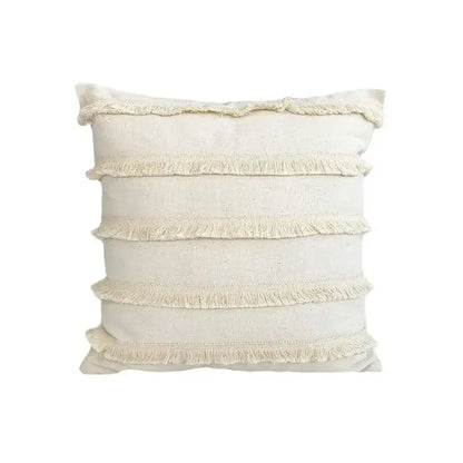 Cream-colored boho pillow cover with three frayed linen cotton trim rows for living room decor