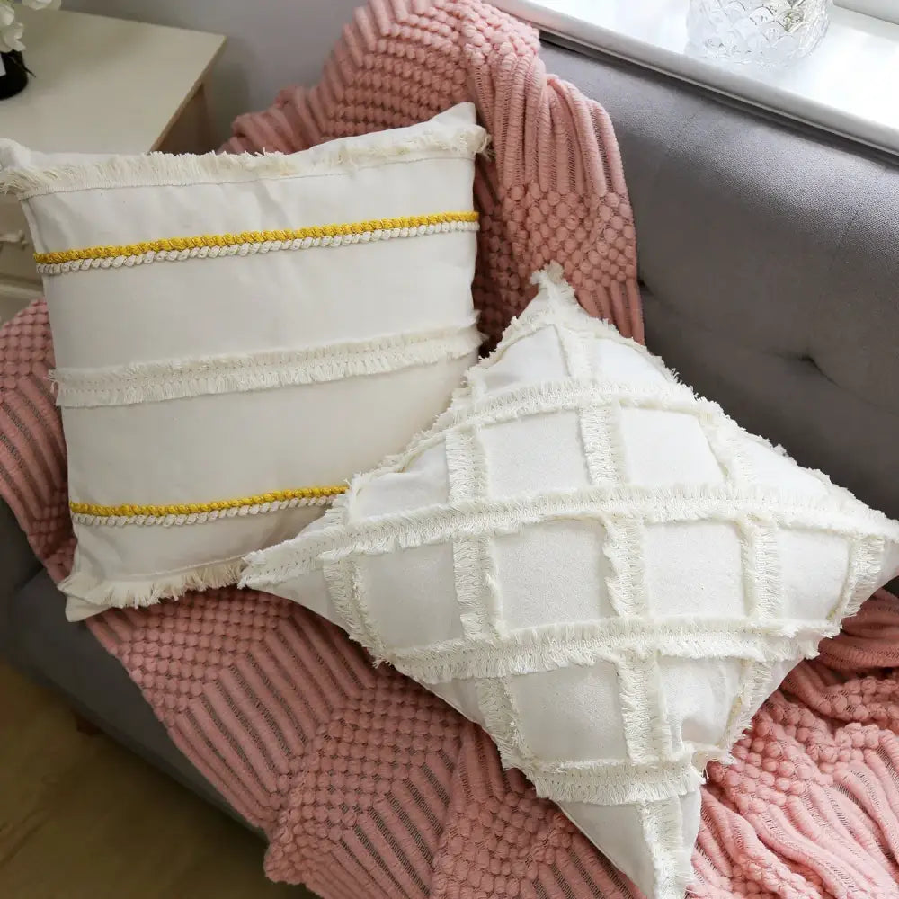 White textured pillow covers with frayed edges and yellow woven trim linen cotton pillow cover for living room decor