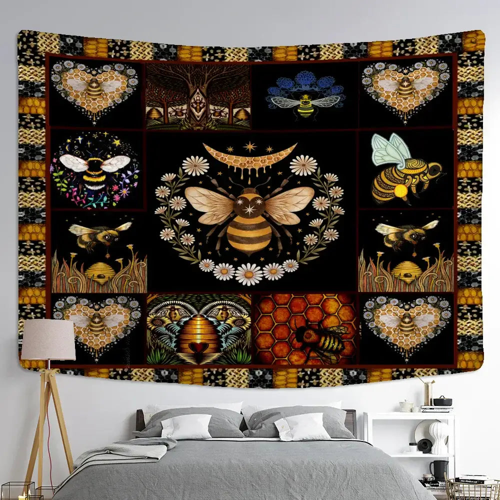 Boho black and gold bee daisy wall hanging tapestry with intricate bee illustrations on dark background for bedroom decor