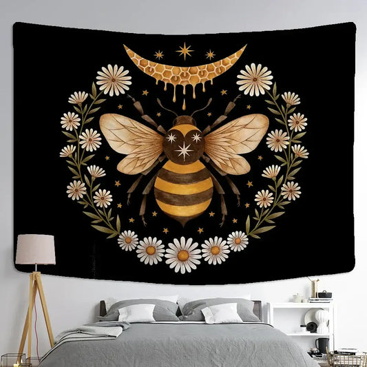 Boho black and gold bee daisy wall hanging tapestry with central golden bee brown stripes white daisies and honeycomb crescent moon