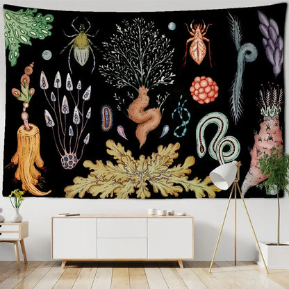 A vibrant black wall tapestry with colorful detailed organisms for boho bedroom decorbites cactus moon starry sky