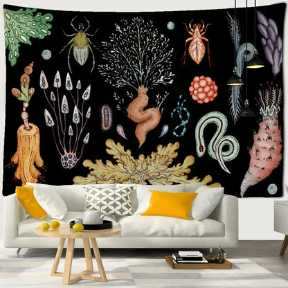 Boho black and gold moon starry sky mushroom tapestry featuring vintage scientific cactus moon starry decorbites decor