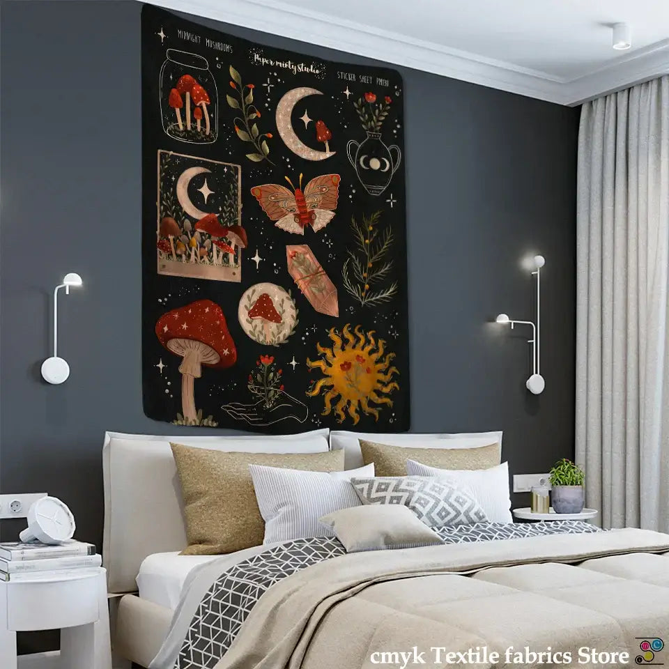 Boho black and gold moon starry sky mushroom tapestry featuring vibrant whimsical decorbites cactus moon elements