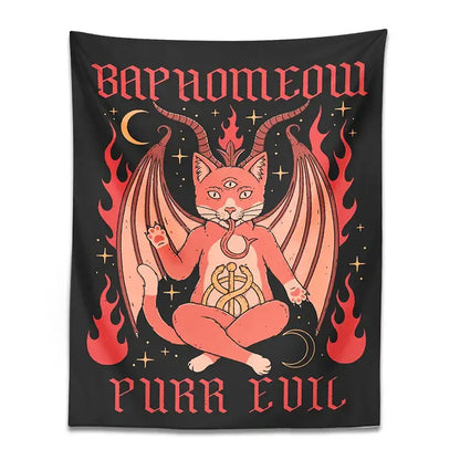 Boho black and pink cat baphomeow tapestry featuring demonic cat with wings and flames decorbites cat baphomeow wall decor