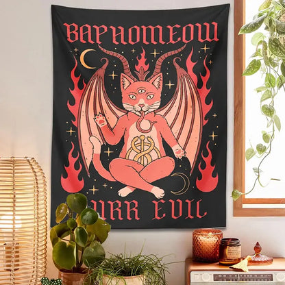 Black and pink cat baphomeow tapestry with demonic cat wings and horns for bedroom wall decor by decorbites cat