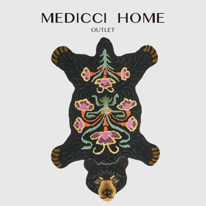 Boho black bear rug featuring black embroidered fabric with purple green and orange floral patterns for bedroom decorbites use