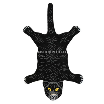 Boho black bear rug black cat-shaped with silver embroidered stripes and yellow eyes floral embroidered carpet for decorbites boho black