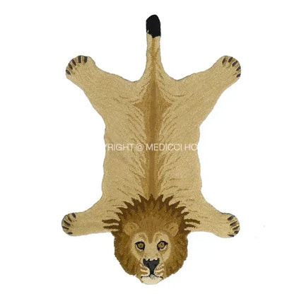 Tan and brown lion-shaped rug with detailed fur texture and black-tipped tail for decorbites boho black bear area carpet