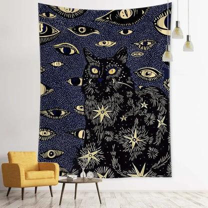 Boho black and gold cat eyes tapestry featuring a central cat with celestial decorbites cat eyes motifs wall decor