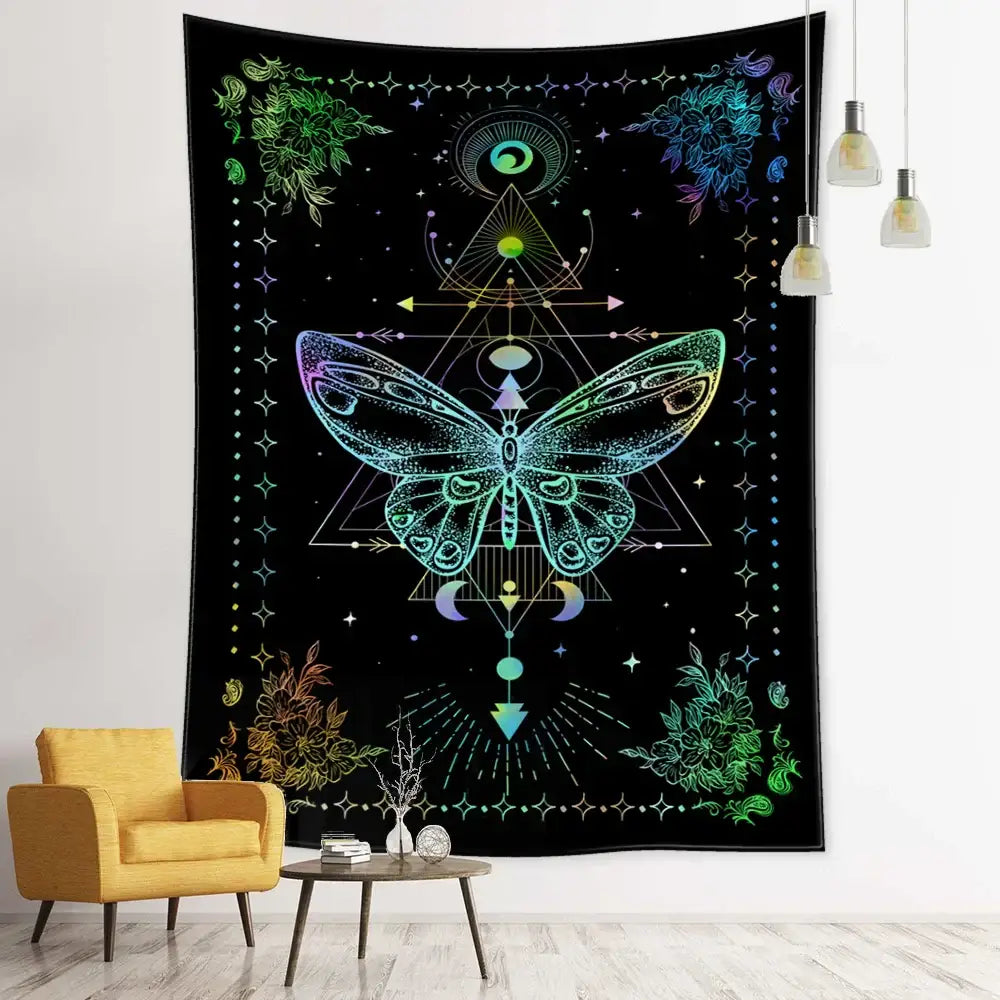 Vibrant iridescent geometric butterfly tapestry with intricate floral designs on black background for butterfly tapestry wall decor