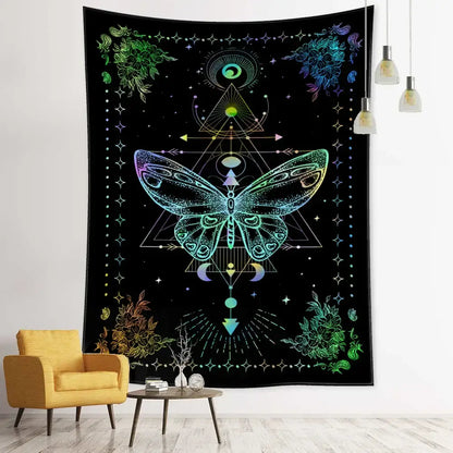 Vibrant iridescent geometric butterfly tapestry with intricate floral designs on black background for butterfly tapestry wall decor