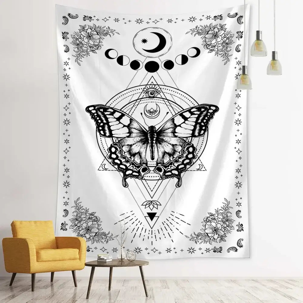White tapestry featuring a black ink geometric butterfly with moons stars and mystical symbols for bedroom wall decorbites geometric butterfly