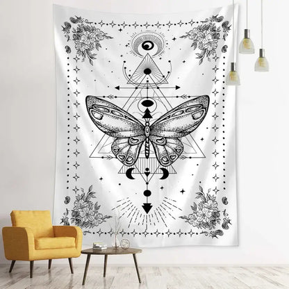White wall hanging tapestry featuring a black ink geometric butterfly surrounded by mystical symbols and floral decorbites geometric butterfly design