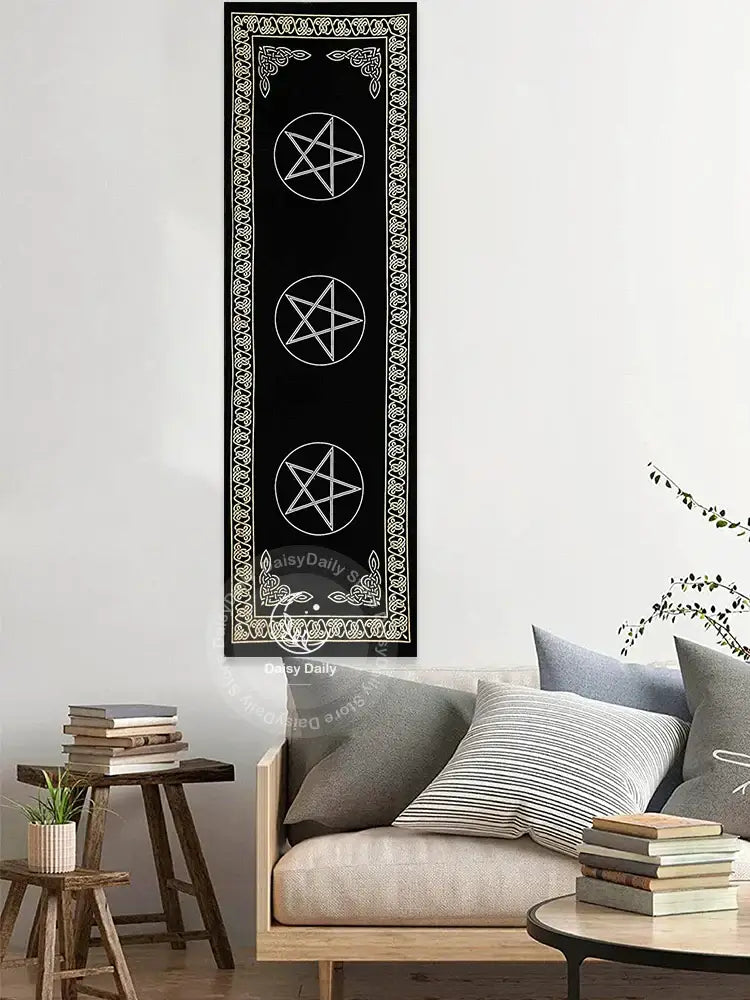 Boho black and white indian three pentagram tapestry with ornate border hanging on wall for bedroom decorbites indian three use