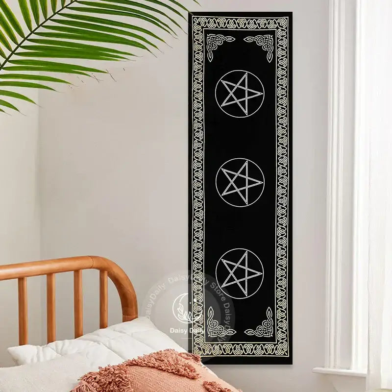 Boho black and white indian three pentagram tapestry features three white pentagrams with intricate celtic knotwork decorbites indian three wall decor