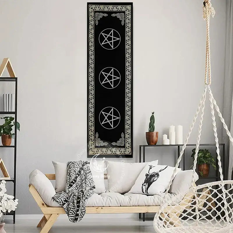 Boho black and white indian three pentagram tapestry with ornate border for bedroom wall decorbites indian three decor