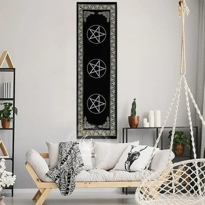 Boho black and white indian three pentagram tapestry with ornate border for bedroom wall decorbites indian three decor