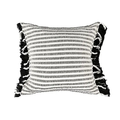 Boho black and white jacquard flower pillow case with black and white stripes and frayed edges decorbites boho jacquard decor