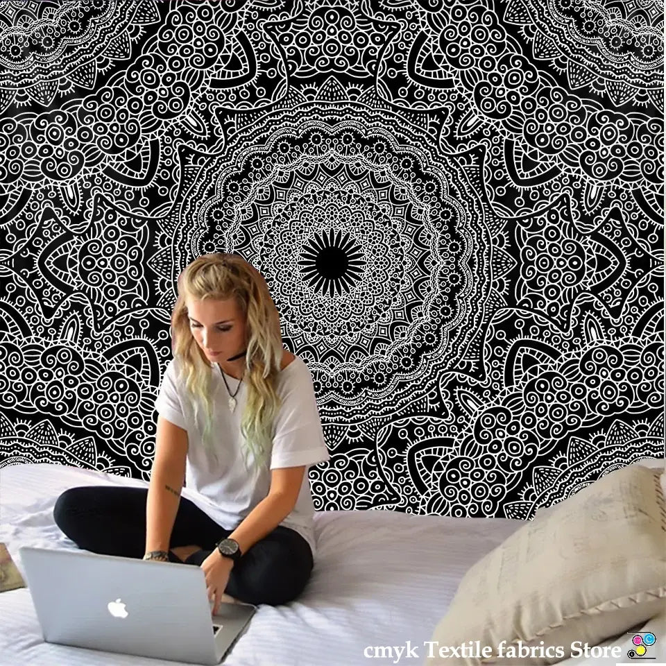 Boho black and white mandala tapestry with intricate swirling patterns wall hanging for bedroom decorbites indian mandala