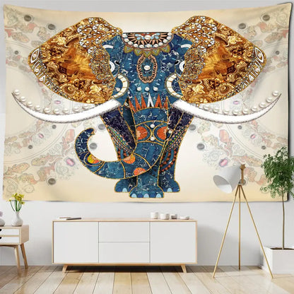 Boho blue and gold elephant mandala tapestry featuring intricate mosaic patterns for bedroom wall decor by decorbites elephant mandala