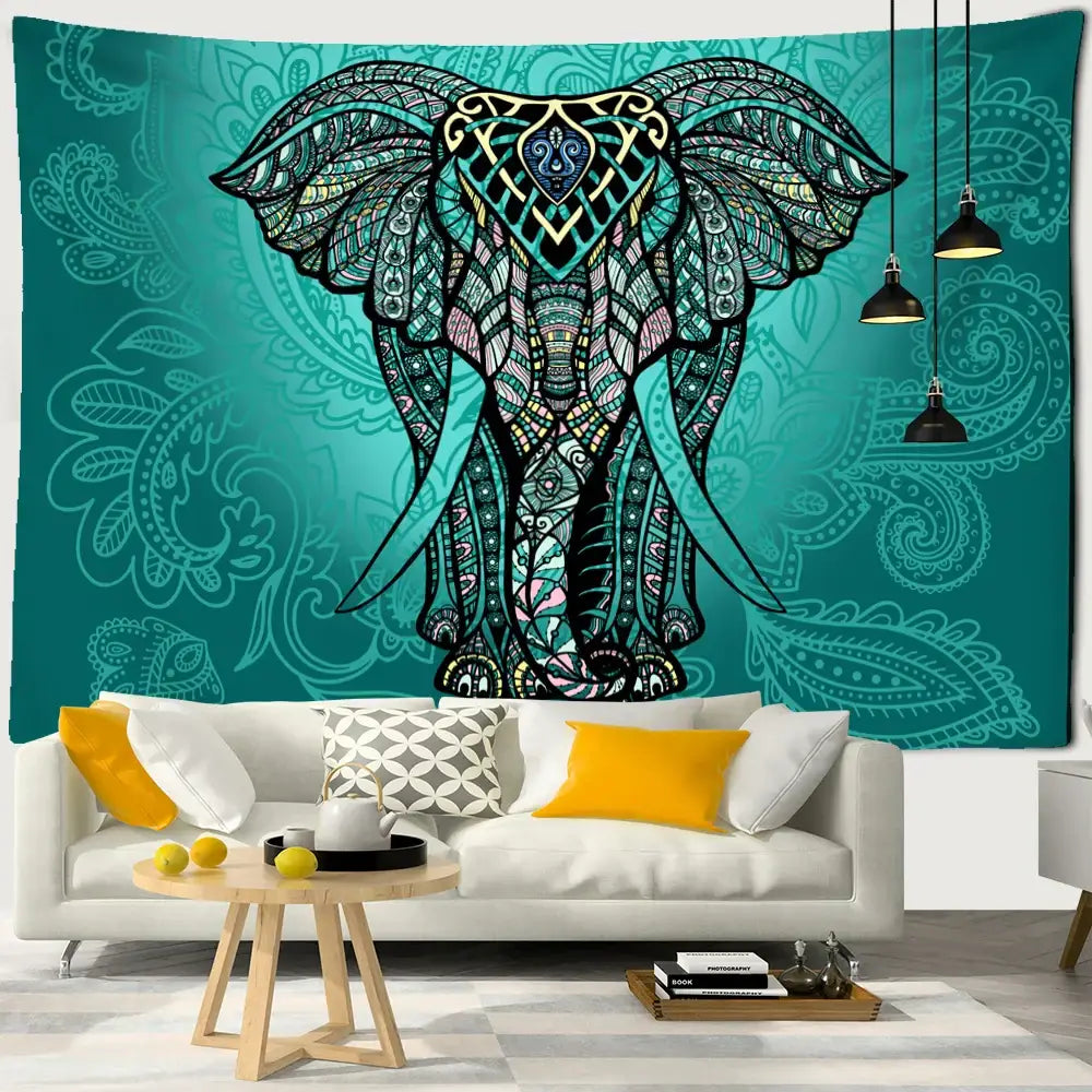 Boho blue and gold elephant mandala tapestry with teal and black paisley patterns for bedroom wall decor by decorbites