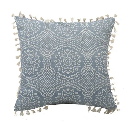 Boho blue and white tassel cushion cover with geometric pattern and cream tassels for living room decorbites blue tassel