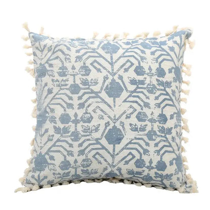 Boho blue and white cushion cover with cream tassels featuring decorbites blue tassel design for living room decor