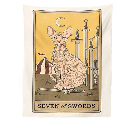 Beige boho cat divination tapestry featuring a stylized hairless cat with tattoos and seven swords under a crescent moon