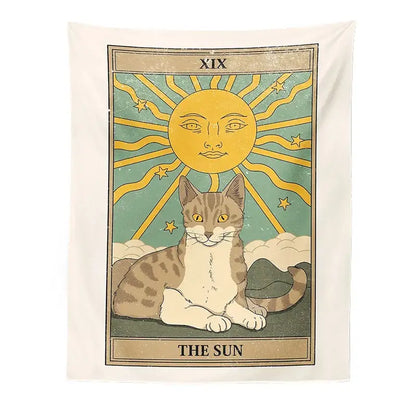 Beige boho cat divination tapestry wall hanging featuring a vintage-style sun tarot card with a tabby cat illustration