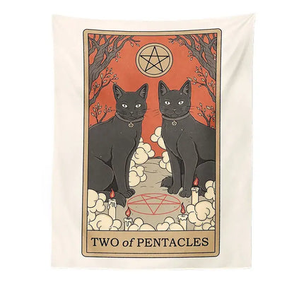 Cream-colored boho cat divination tapestry with tarot card design featuring black cats candles and pentacles on orange background