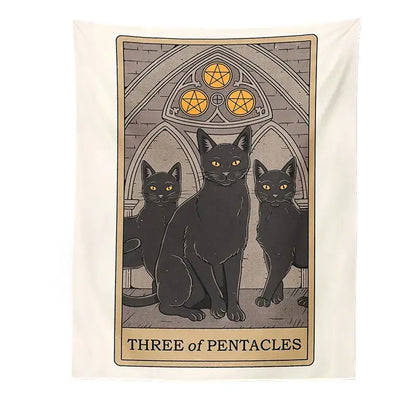 Cream-colored boho cat divination tapestry with three black cats and golden pentacles for bedroom wall decorbites cat divination