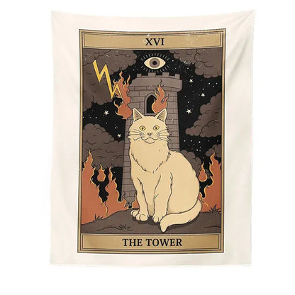 Cream-colored cat divination tapestry featuring a fluffy white feline and the tower tarot card for bedroom decorbites cat divination