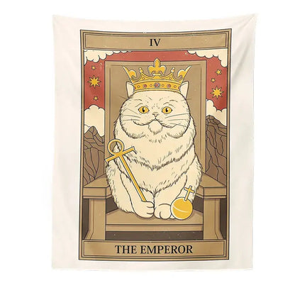 Cream-colored boho cat divination tapestry featuring a fluffy white cat with golden crown and ornate key decorbites cat divination
