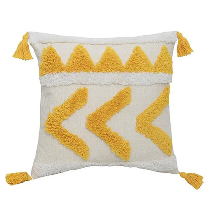 Cream-colored boho chenille tufted pillow case with mustard-yellow geometric patterns and tassels for living room decorbites decor
