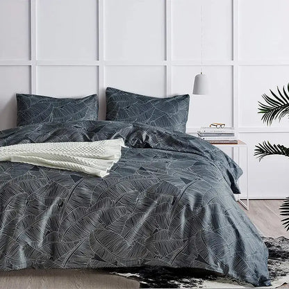 Boho chic dark gray duvet set with subtle white leaf pattern and soft fabric matching pillowcases decorbites bedding set