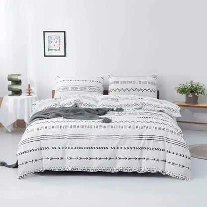 White bedding set with black geometric patterns in decorbites boho chic botanical duvet cover for stylish bedroom decor