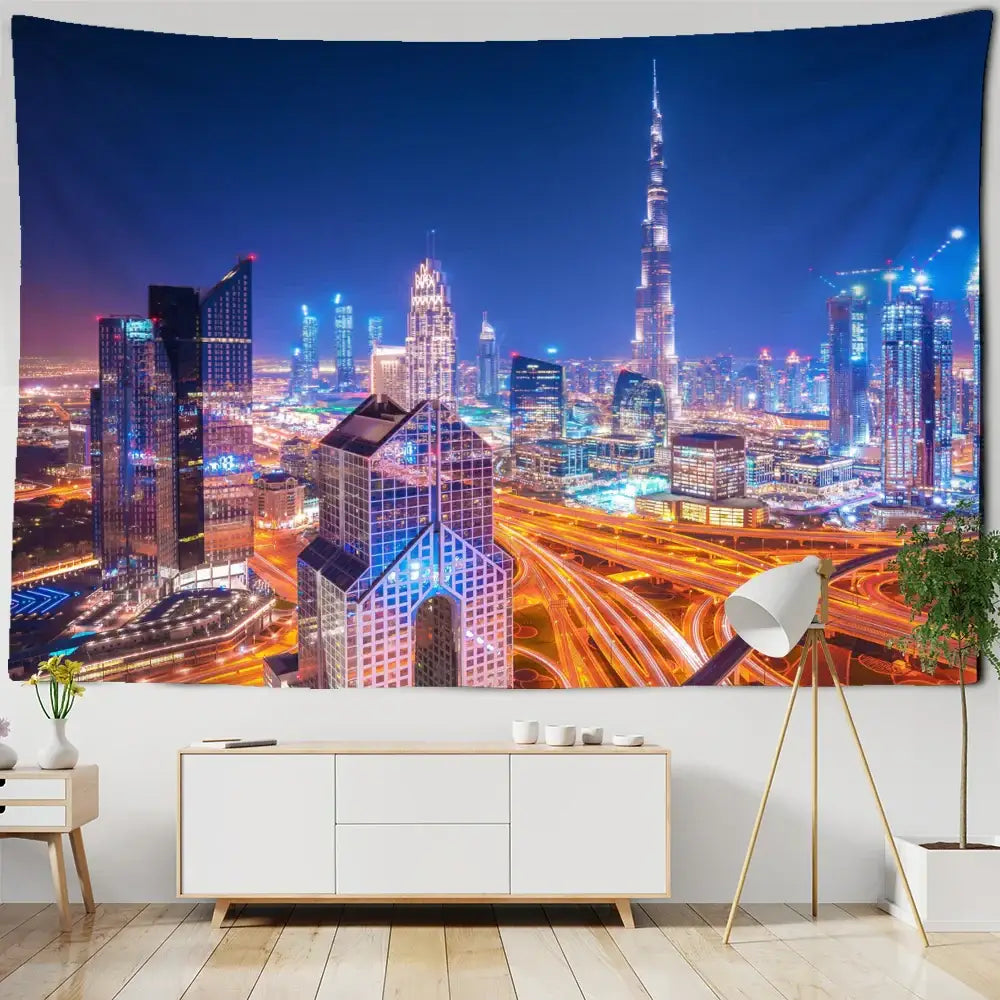 Boho chic night cityscape tapestry featuring illuminated blue and white skyscrapers for decorbites bedroom wall art