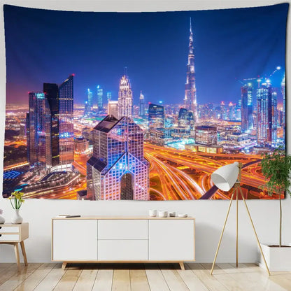 Boho chic night cityscape tapestry featuring illuminated blue and white skyscrapers for decorbites bedroom wall art