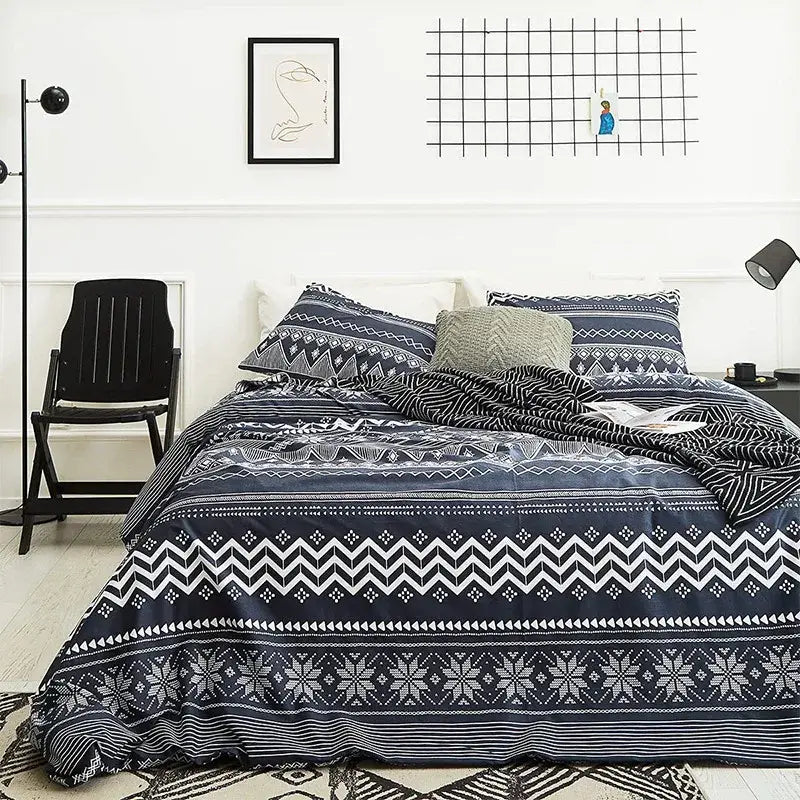 Navy blue and white microfiber bedding set with geometric boho chic stripe and snowflake motifs by decorbites boho chic