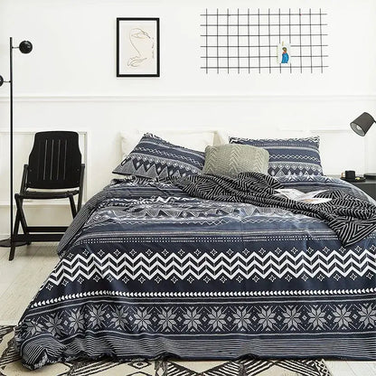 Navy blue and white microfiber bedding set with geometric boho chic stripe and snowflake motifs by decorbites boho chic