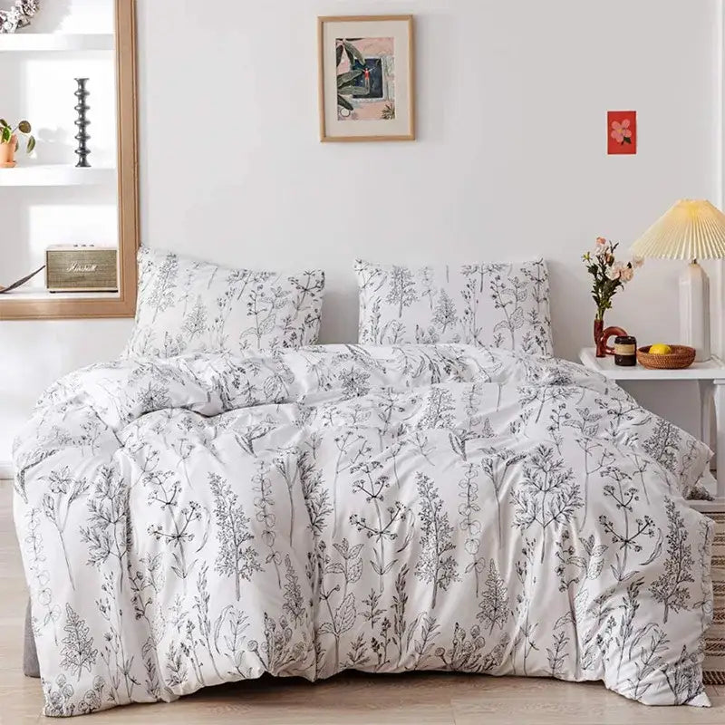 White duvet cover bedding set with delicate black botanical illustrations in decorbites boho chic stripe microfiber