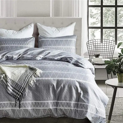 Gray and white geometric-patterned duvet bedding set with woven fabric finish from decorbites boho chic stripe collection