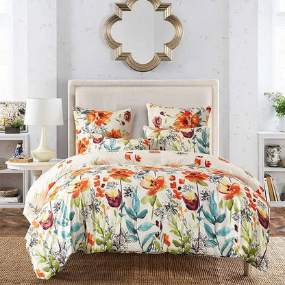 A vibrant floral comforter set with watercolor orange teal and burgundy flowers on cream for decorbites boho chic bedding set